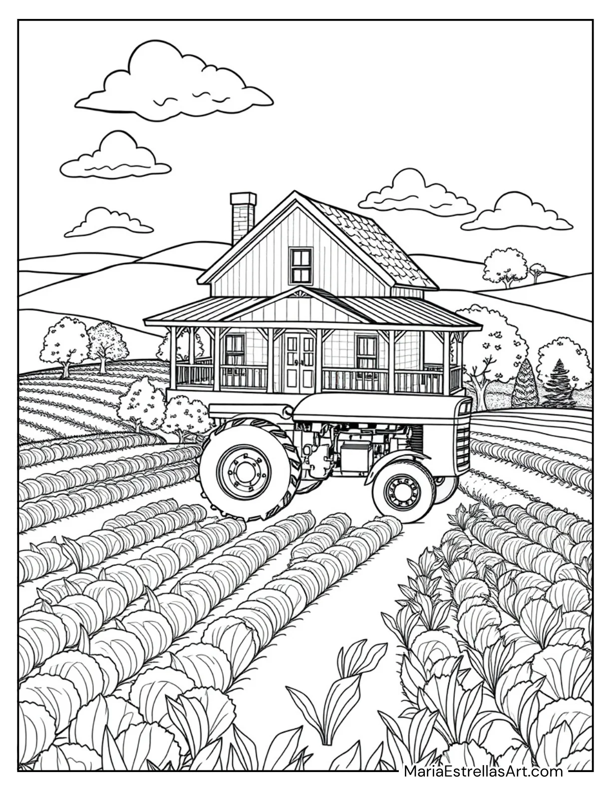 Farmhouse with a Tractor and Fields