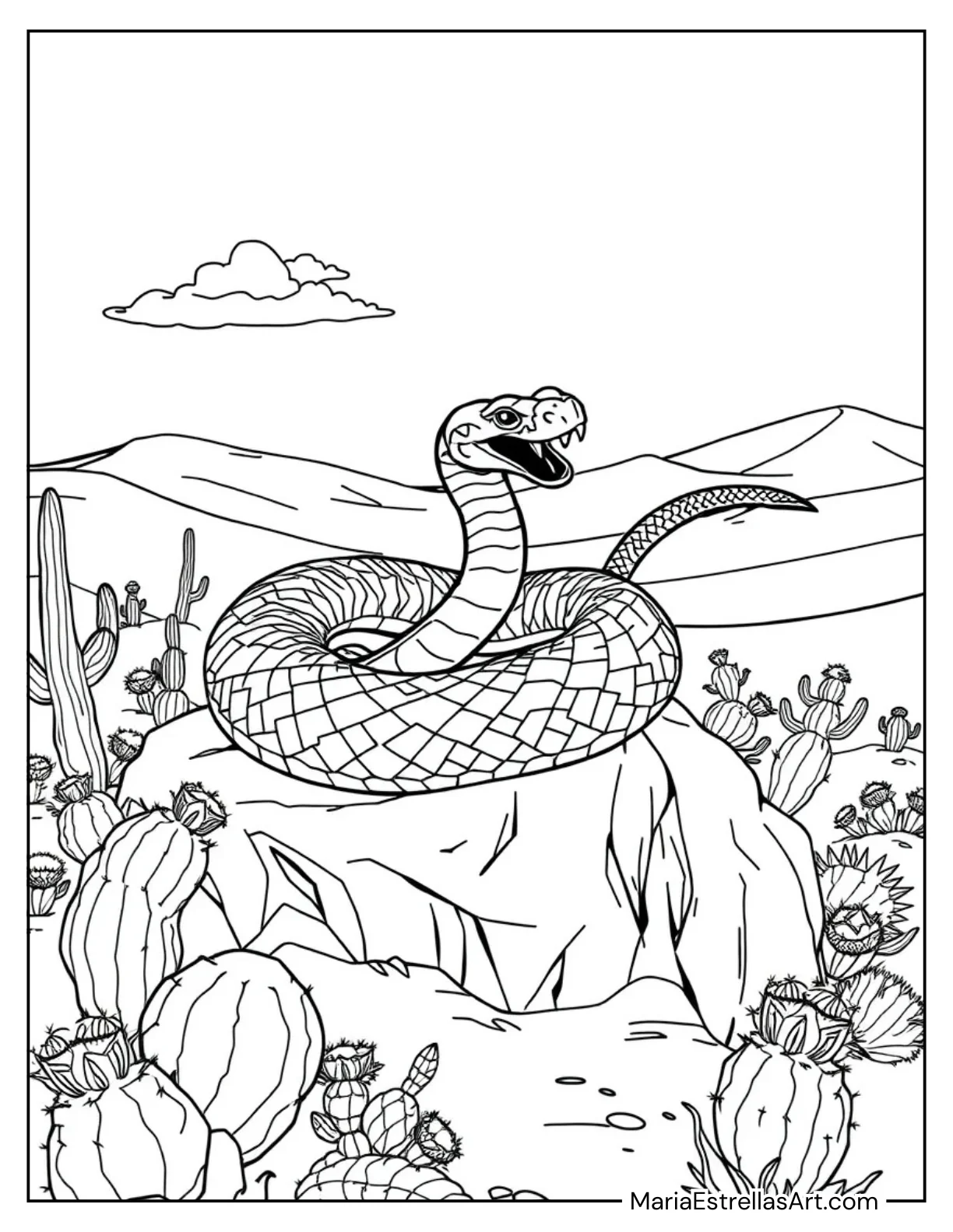 Fierce Rattlesnake in a Desert Scene Coloring Sheet