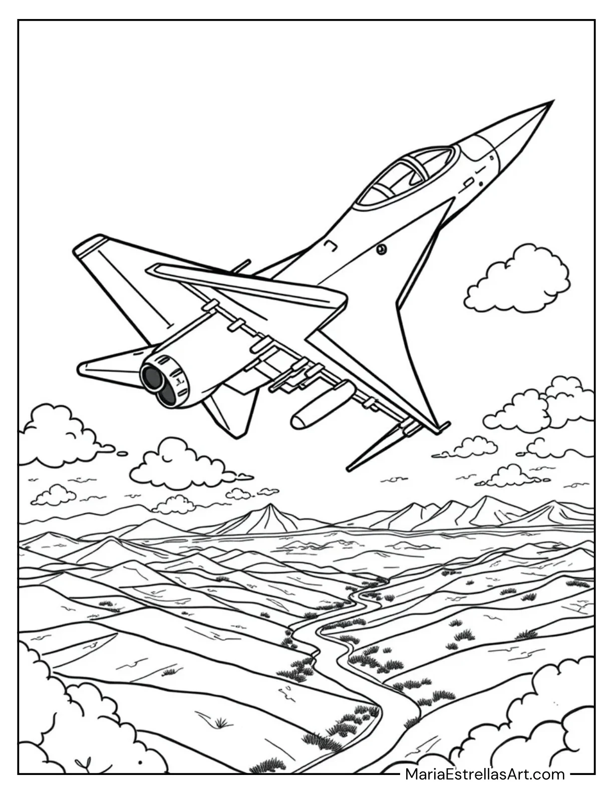 Fighter Jet Soaring Through the Sky Coloring Page