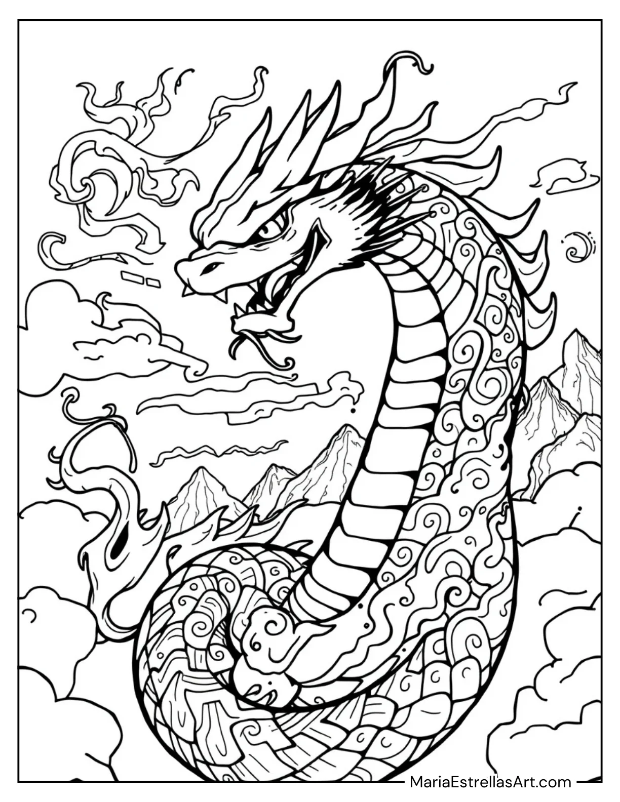 Fire Serpent With Flames Along Its Body Coloring Sheet