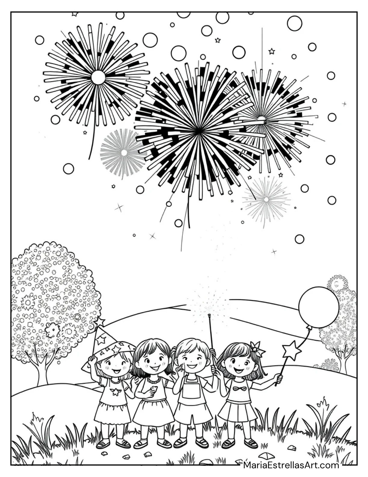 Fireworks Lighting Up the Night Sky for Kids to Color