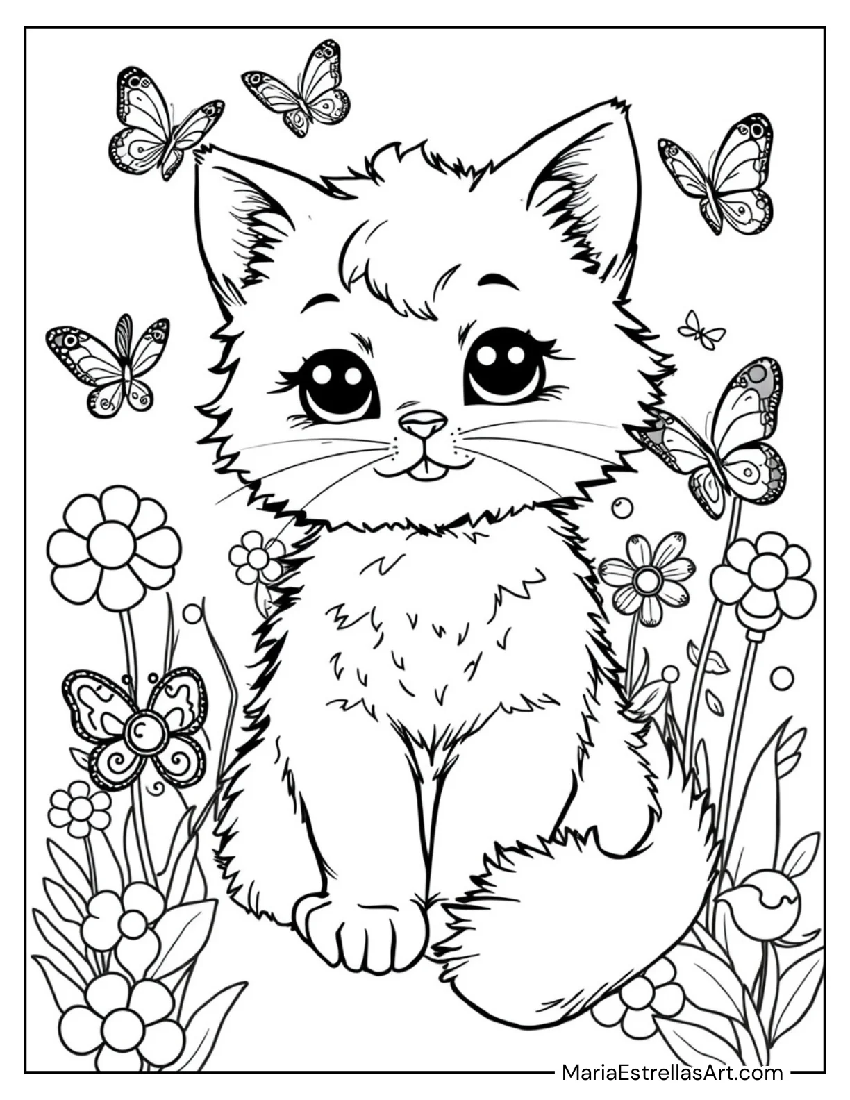 Fluffy Kitten Surrounded by Butterflies Coloring Sheet