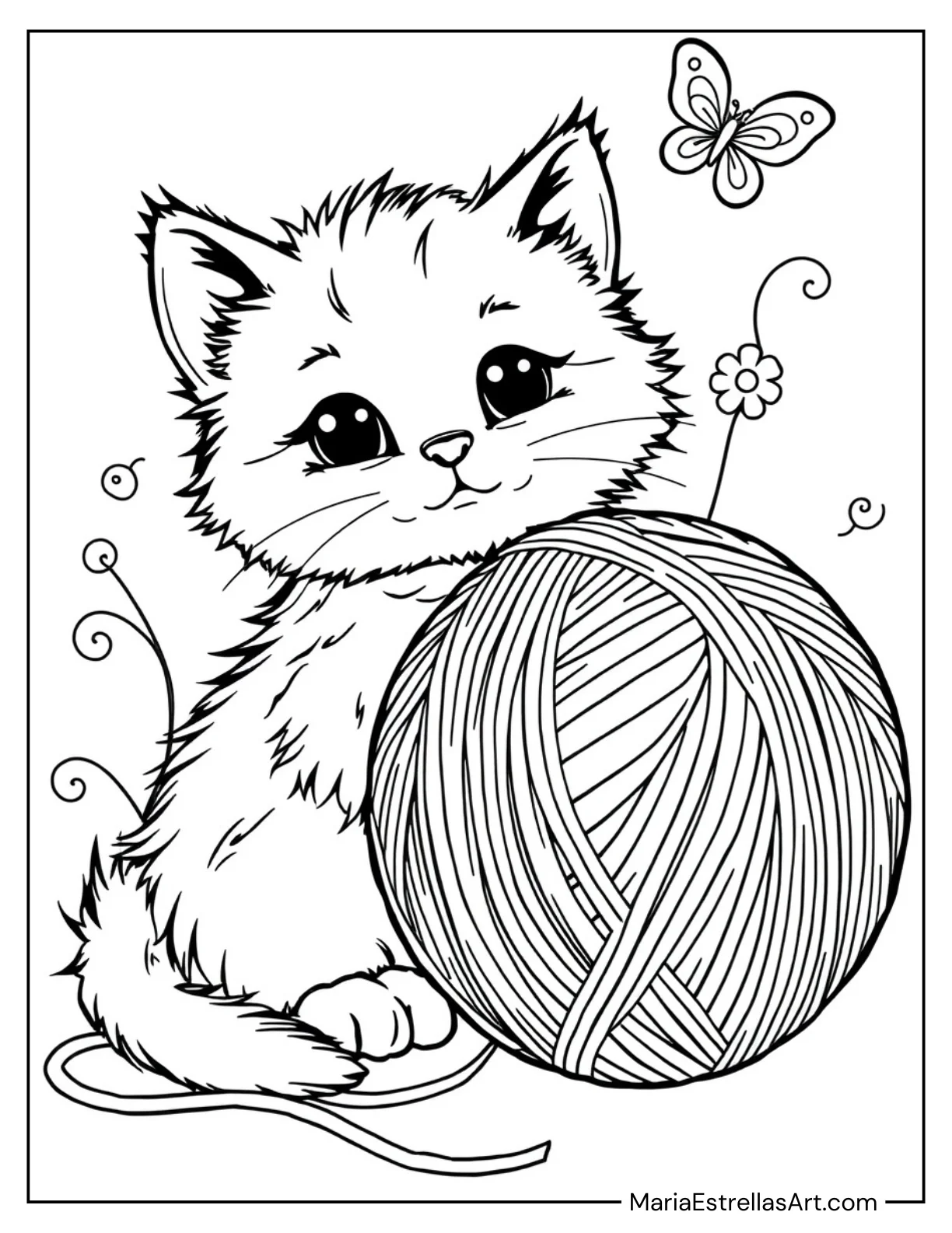 Fluffy Kitten with a Ball of Yarn for Kids to Color