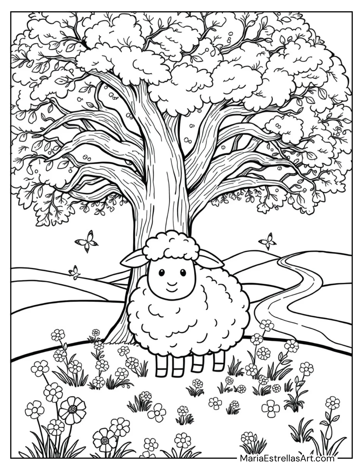 Fluffy Sheep Under a Big Oak Tree