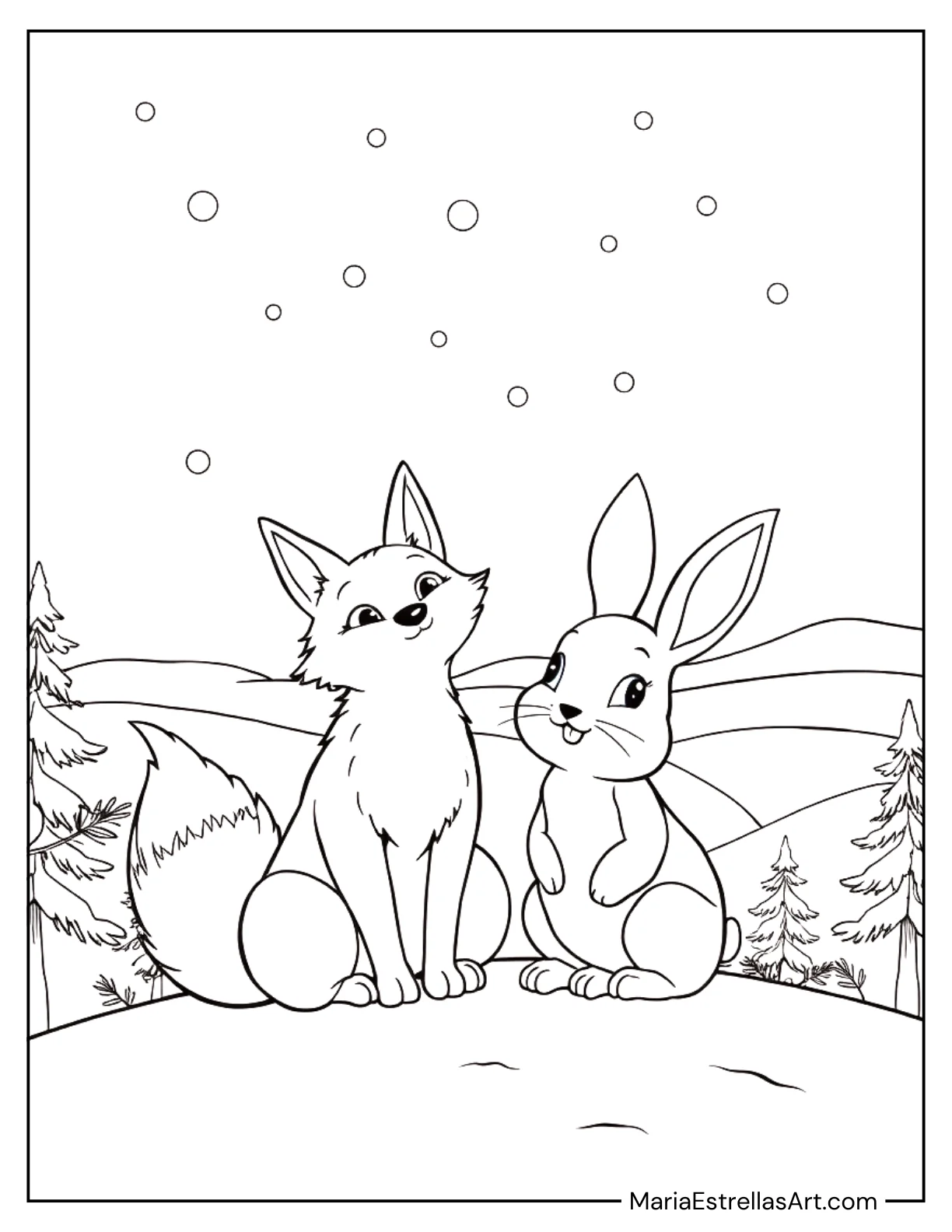 Fox and Bunny Friends Watching Snowflakes Fall