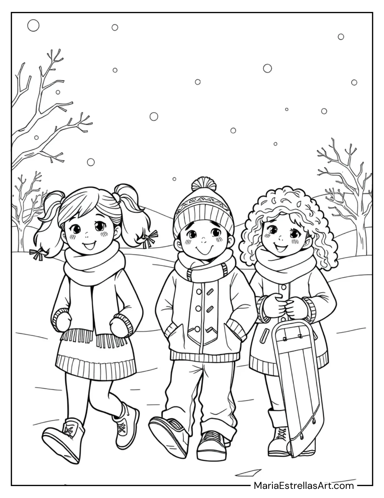 Friends Walking Together in the Snow Coloring Sheet