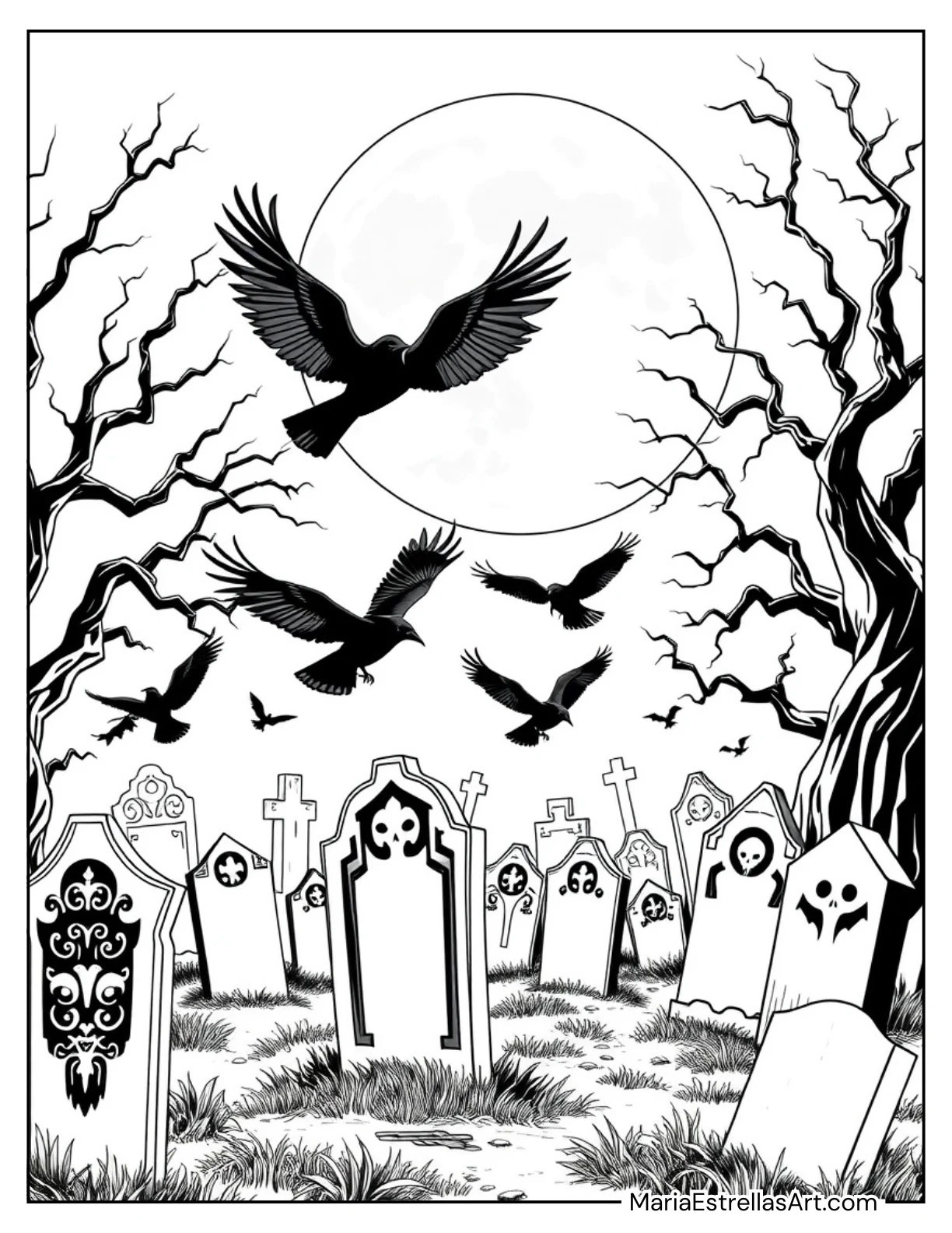 Full Moon With Crows Flying Across a Graveyard