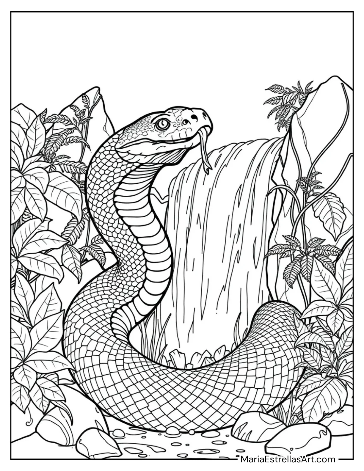 Giant Snake Emerging From a Waterfall Coloring Sheet