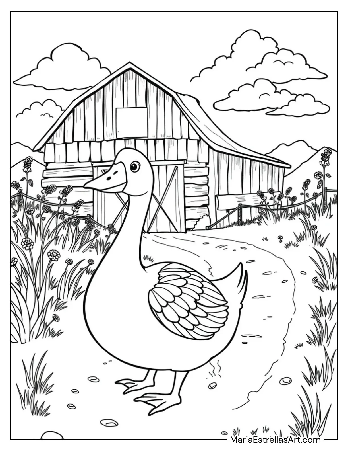 Goose Waddling Near a Wooden Barn