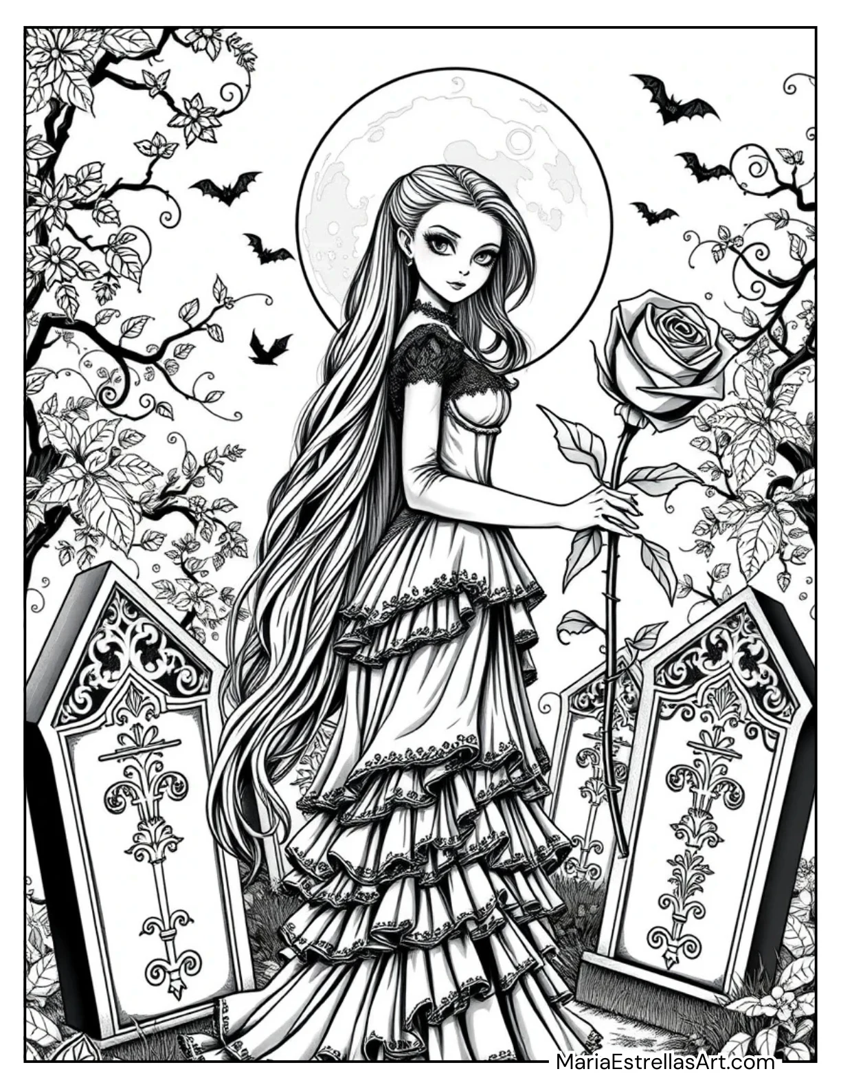 Gothic Vampire Girl With a Rose Coloring Page