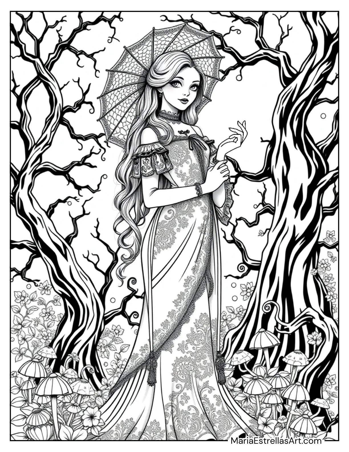 Gothic Woman in a Victorian Dress Coloring Page