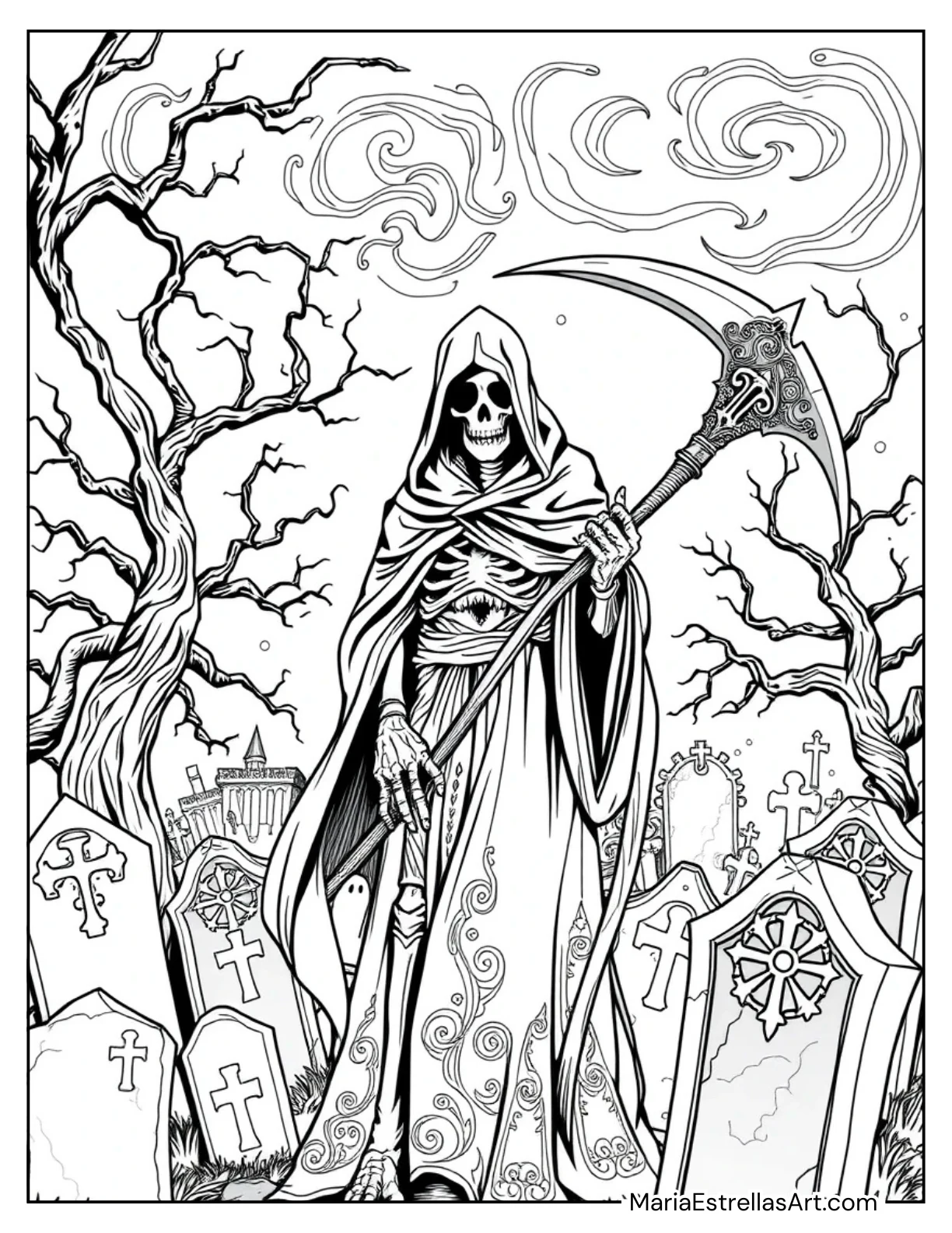 Grim Reaper With a Flowing Cloak Coloring Page