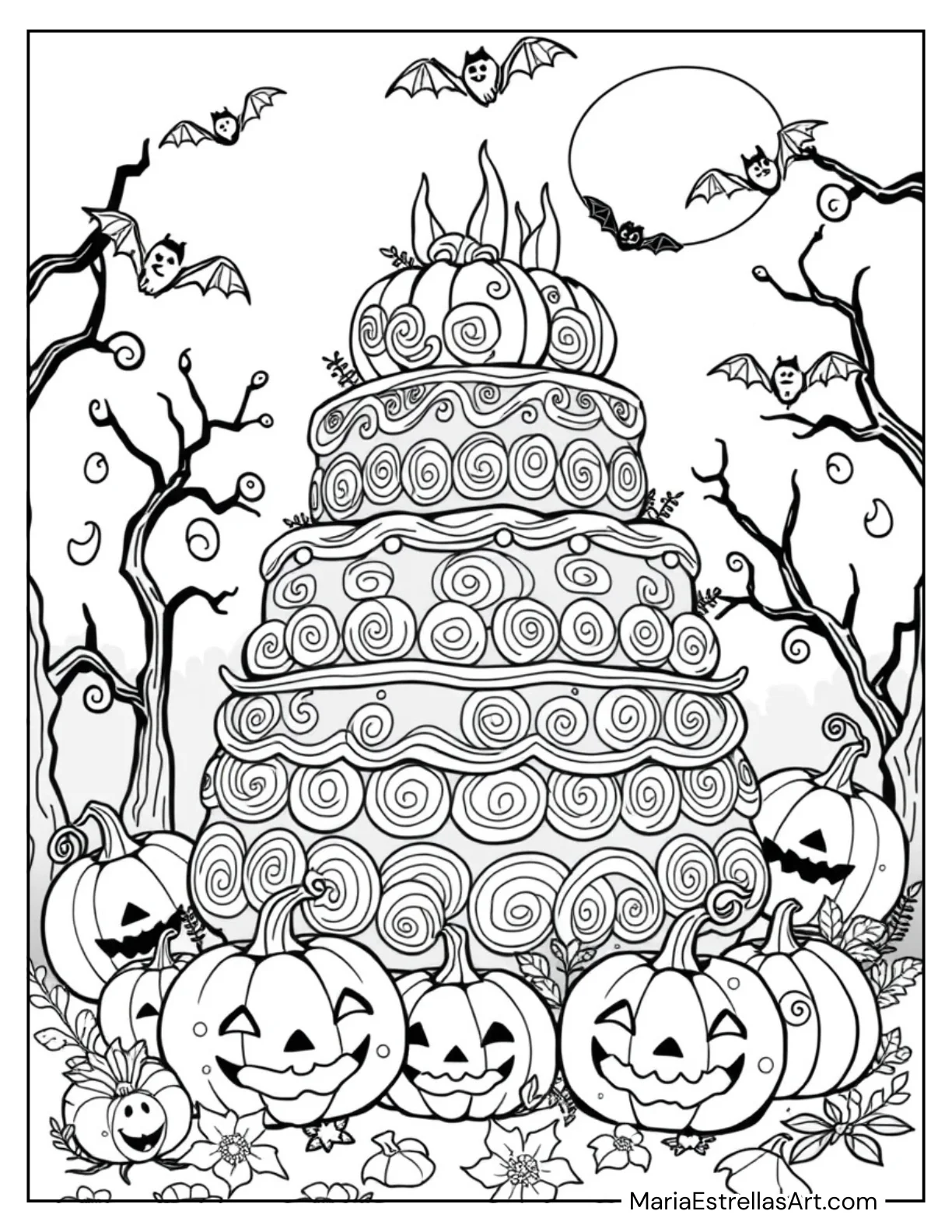 Halloween Cake with Pumpkins and Bats Coloring Sheet