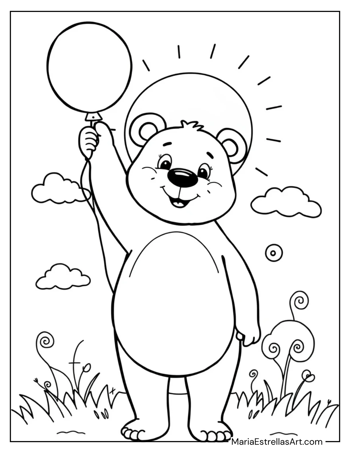 Happy Bear Holding a Balloon Coloring Sheet