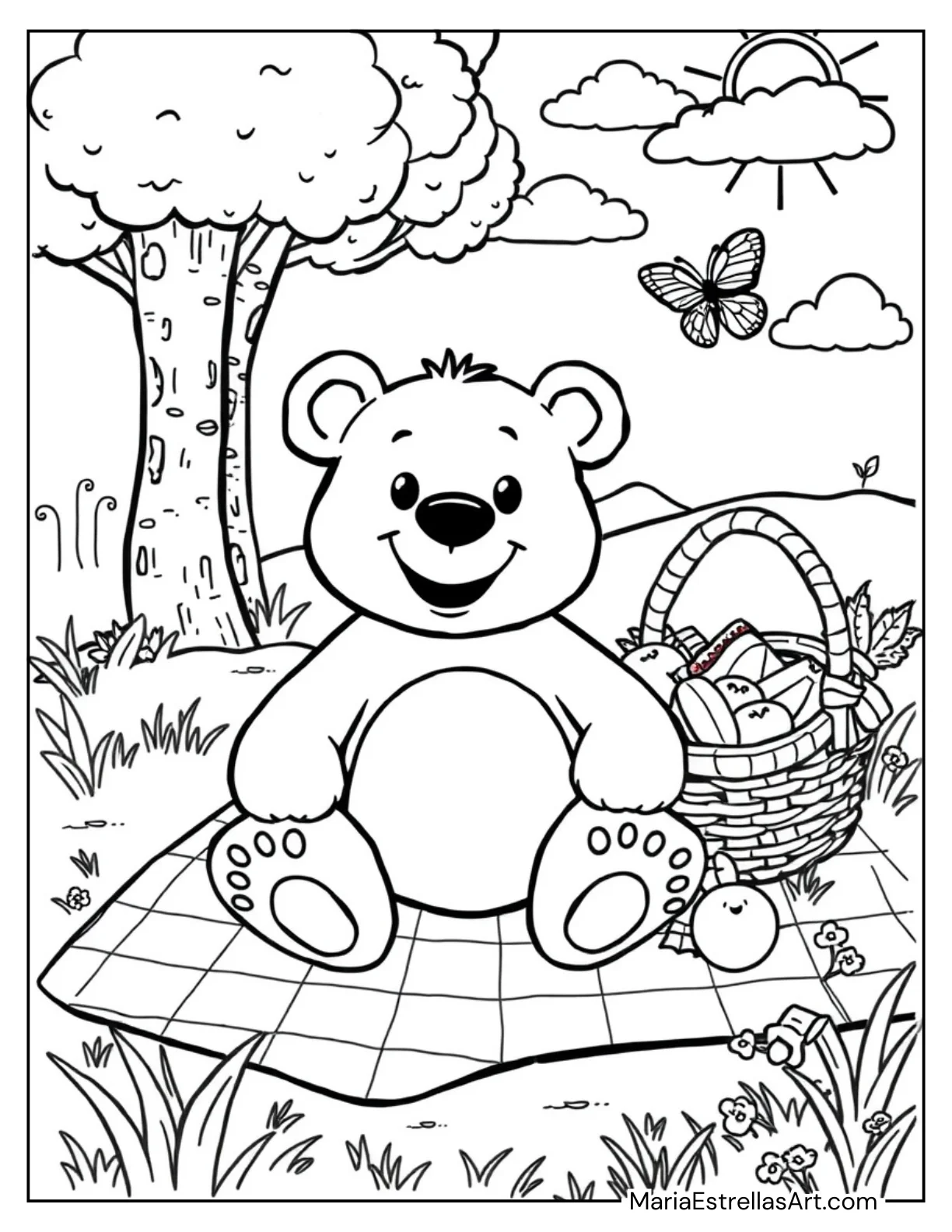 Happy Bear with a Picnic Basket Coloring Page