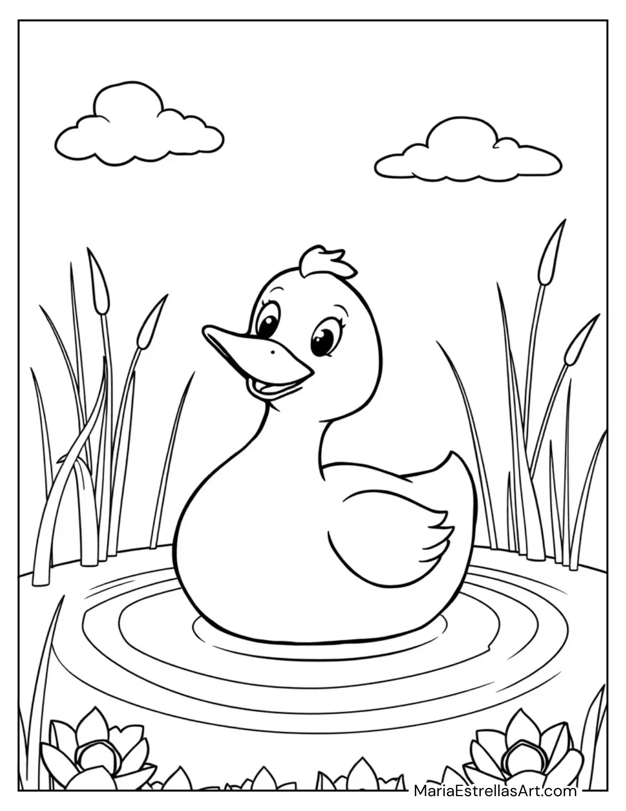 Happy Duck Floating on a Pond Coloring Sheet