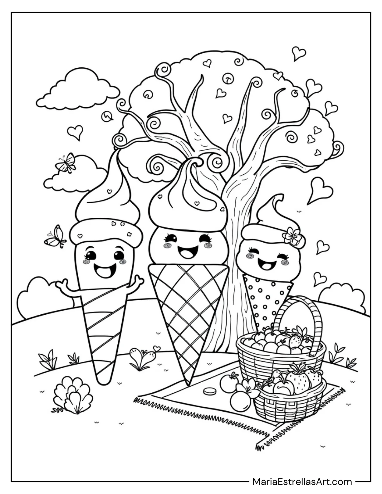 Happy Ice Cream Family with Faces Coloring Sheet