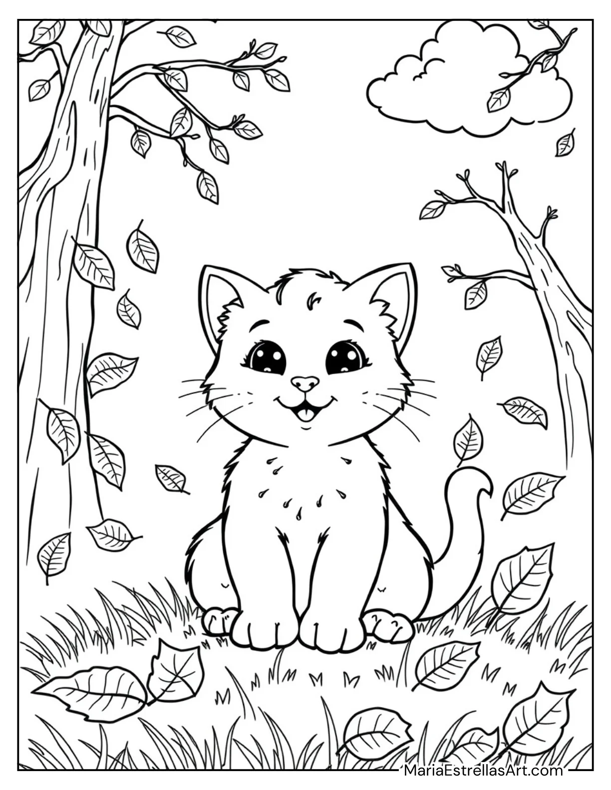 Happy Kitten Watching Falling Leaves Coloring Sheet