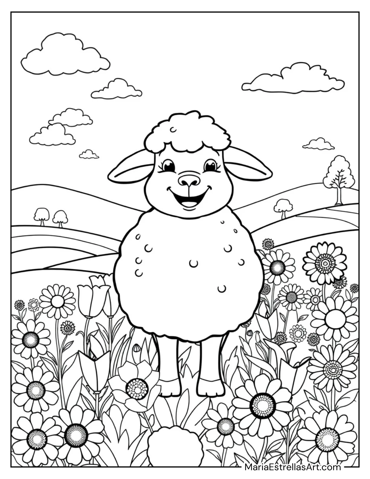 Happy Sheep in a Flower Field Coloring Sheet