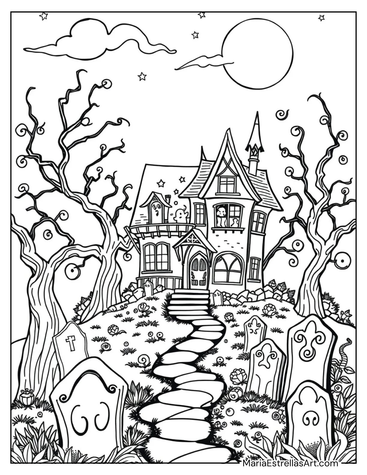 Haunted House on a Spooky Night Coloring Page