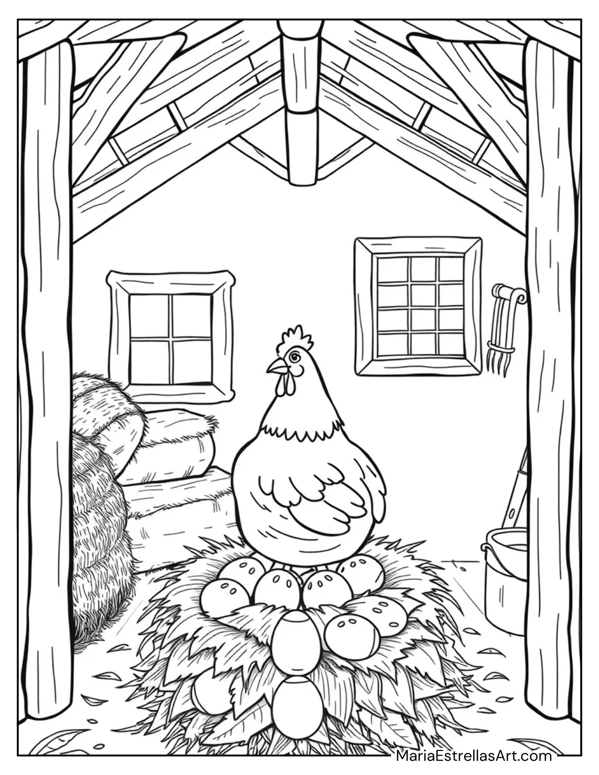 Hen Sitting on a Nest of Eggs in the Barn Coloring Sheet