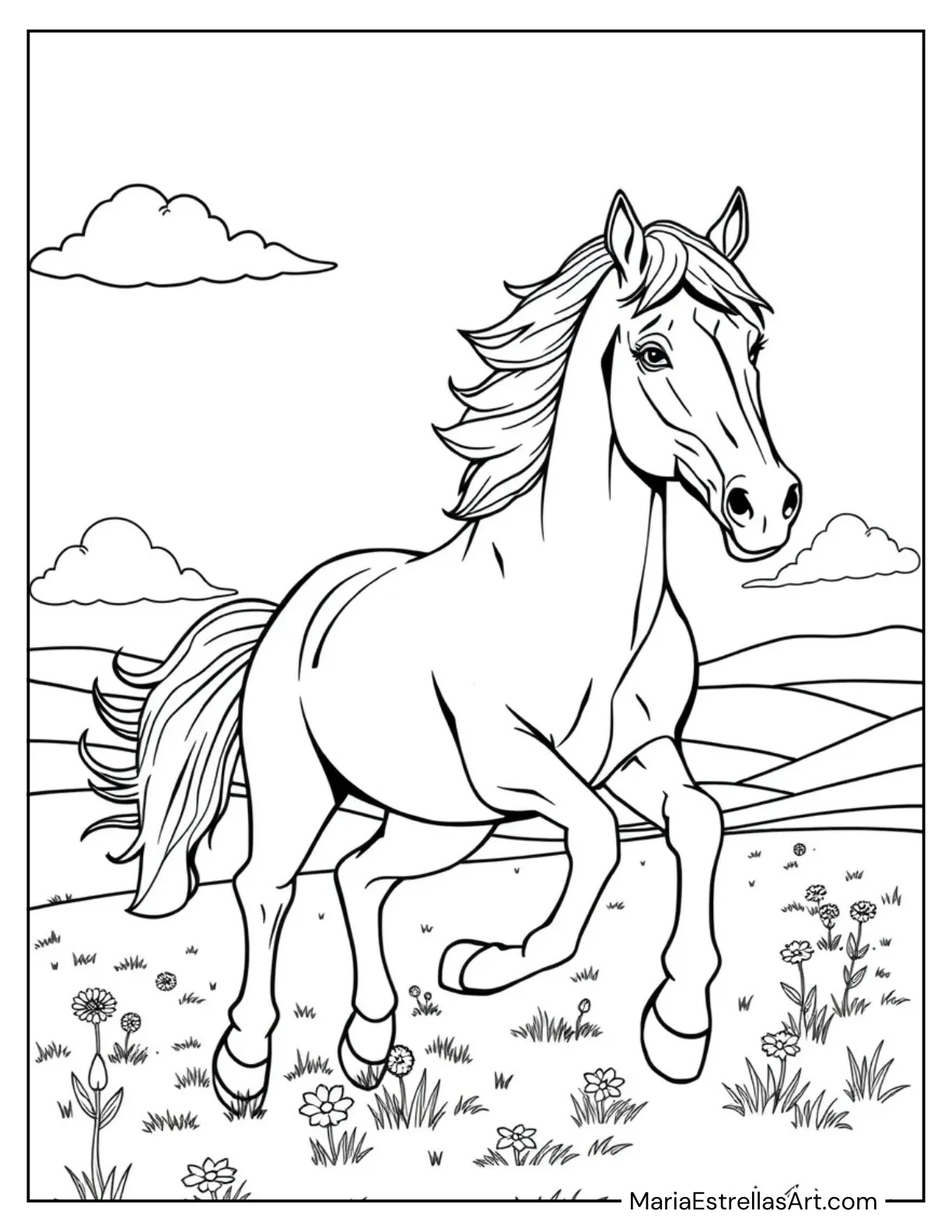 Horse Running Freely in a Open Pasture Coloring Sheet