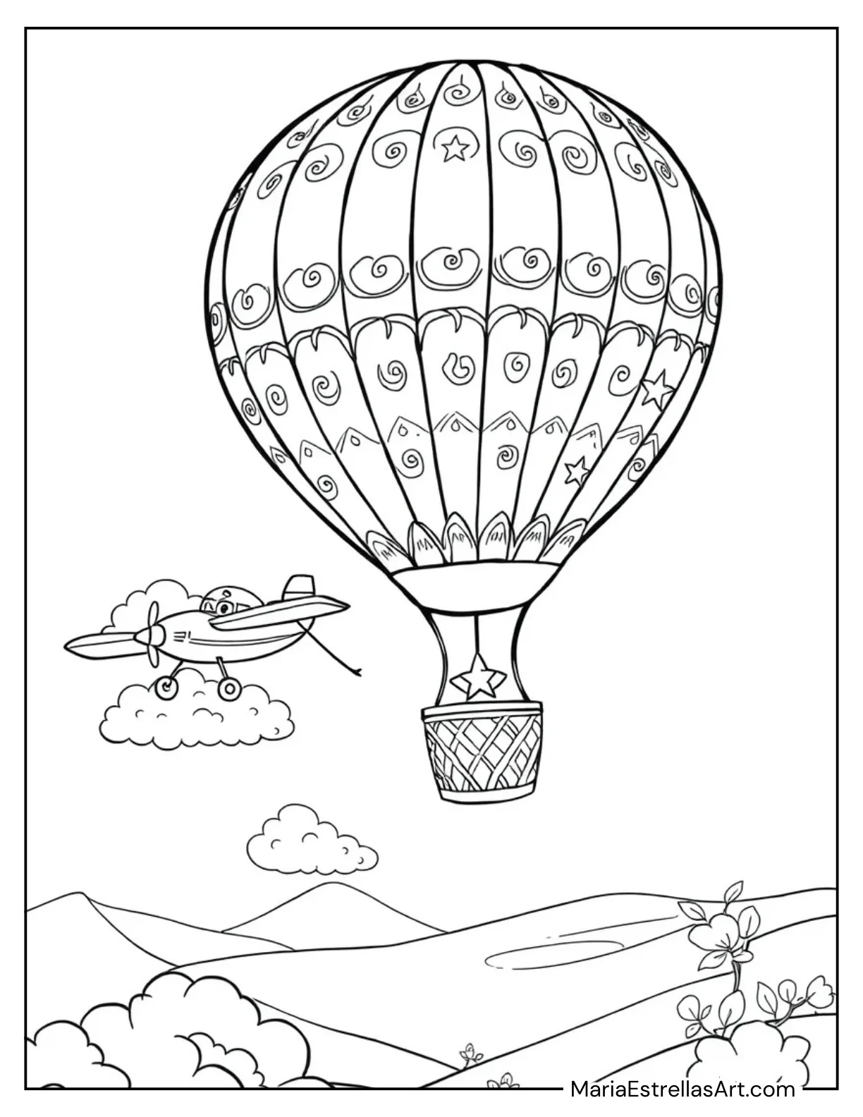 Hot Air Balloon and Airplane Flying Side by Side