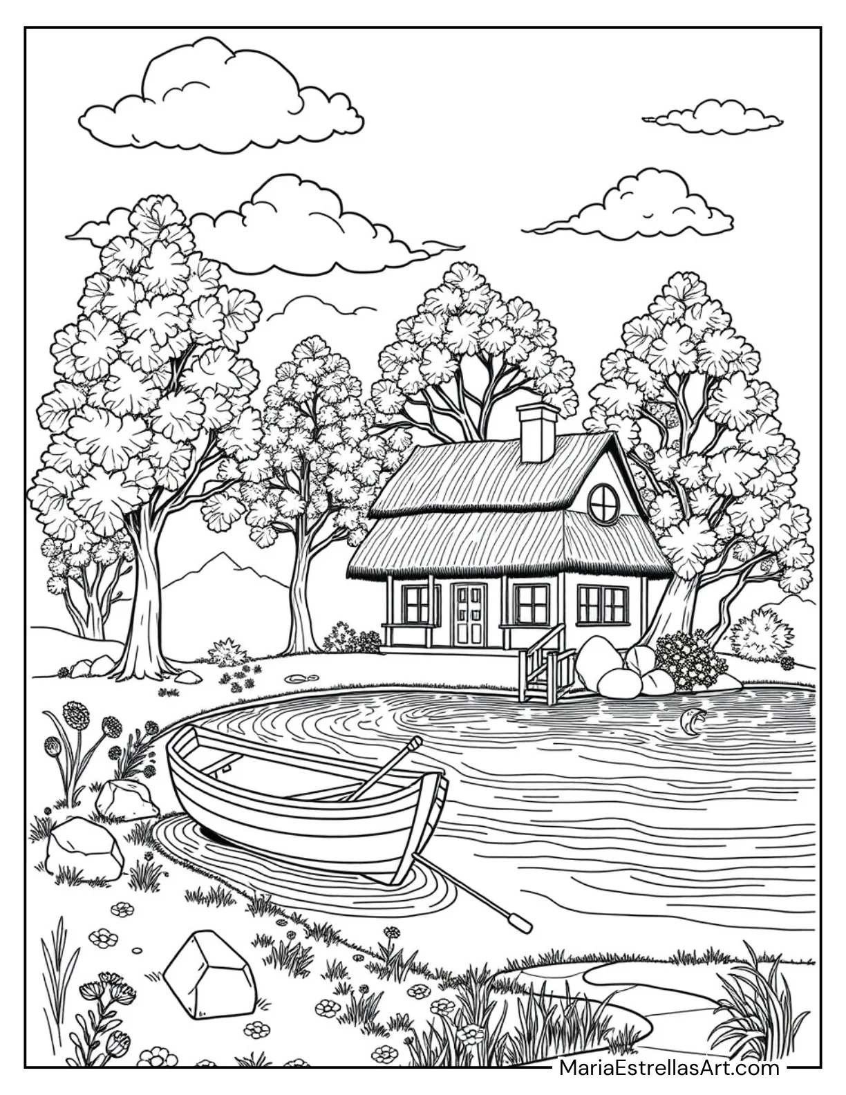 House by the Lake with a Boat Coloring Sheet