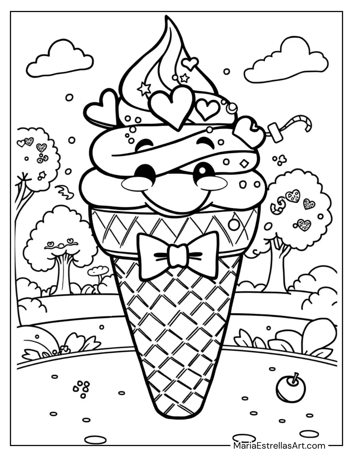 Ice Cream Cone with a Bowtie Coloring Page