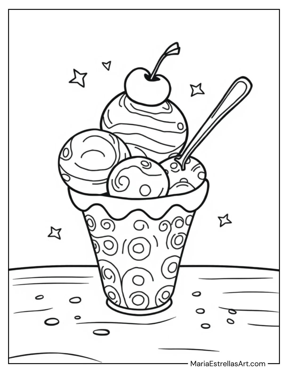 Ice Cream Cup with a Spoon and Cherry for Kids to Color