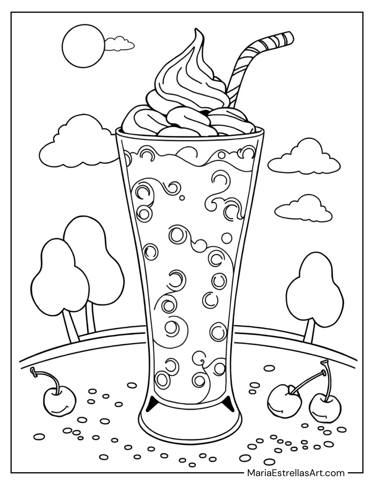 Ice Cream Float in a Glass with a Straw Coloring Page