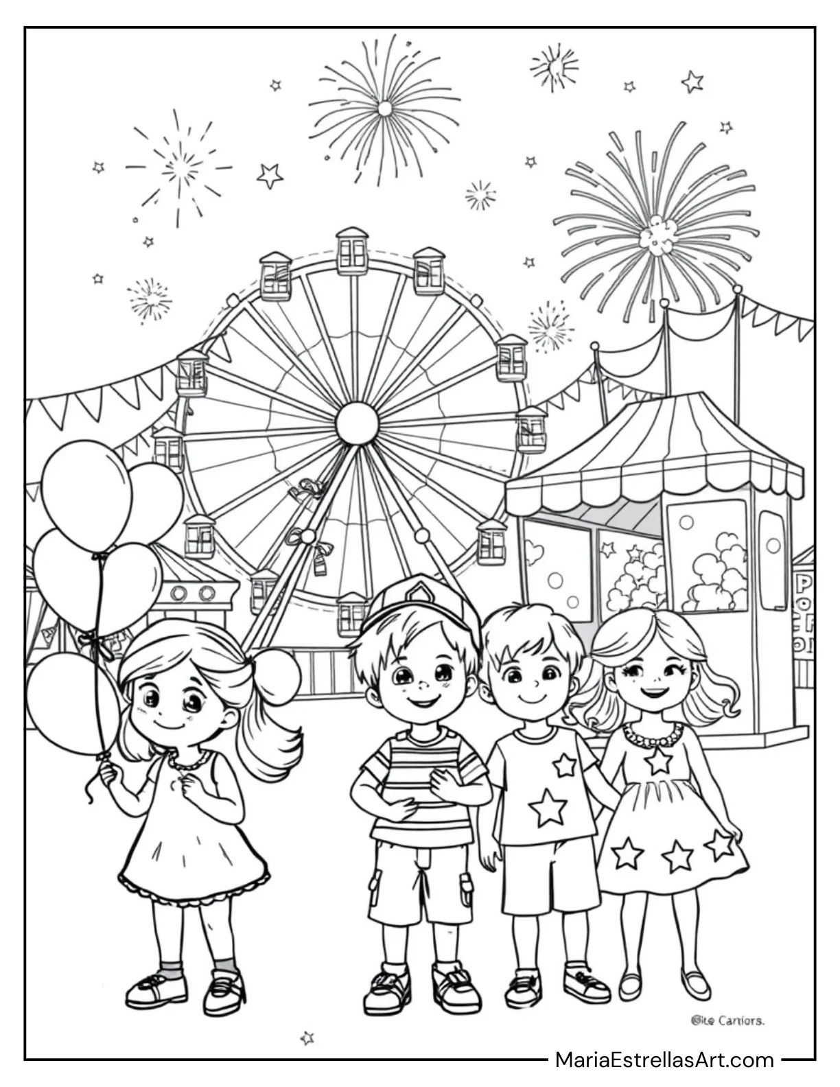 Independence Day Carnival Scene for Kids to Color