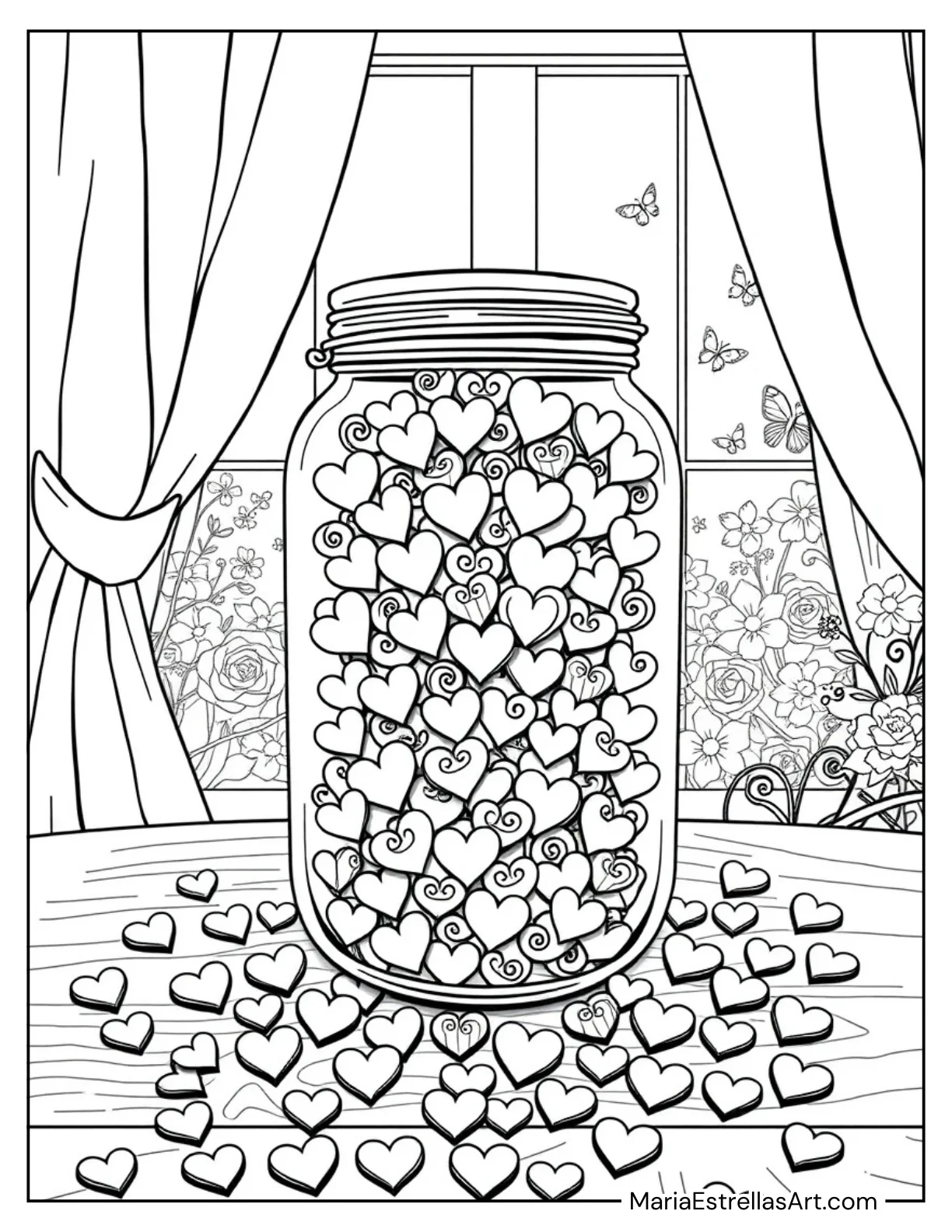 Jar Full of Tiny Paper Hearts Coloring PageJar Full of Tiny Paper Hearts Coloring Page