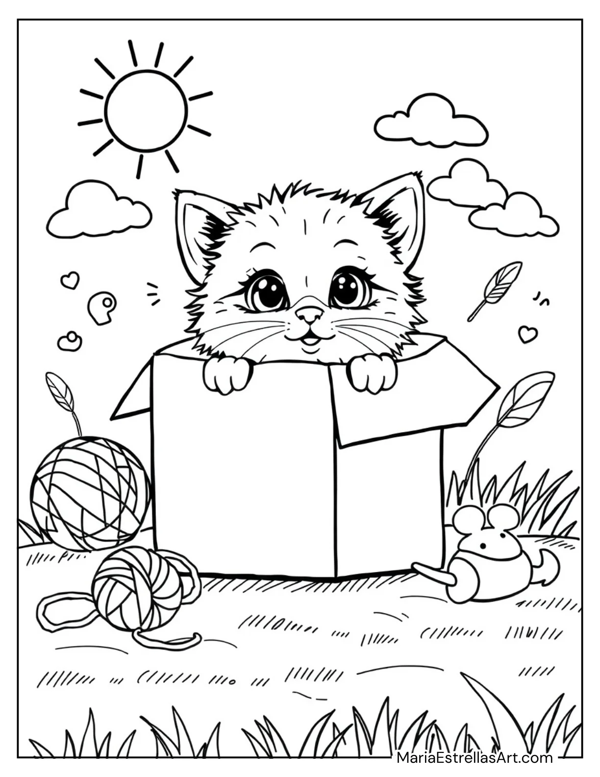 Kitten Playing Hide and Seek in a Box Coloring Page