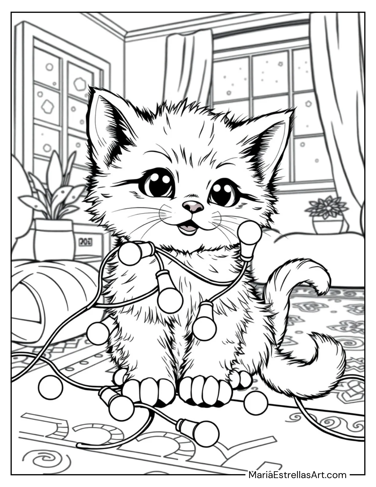 Kitten Playing with a String of Lights Coloring Page