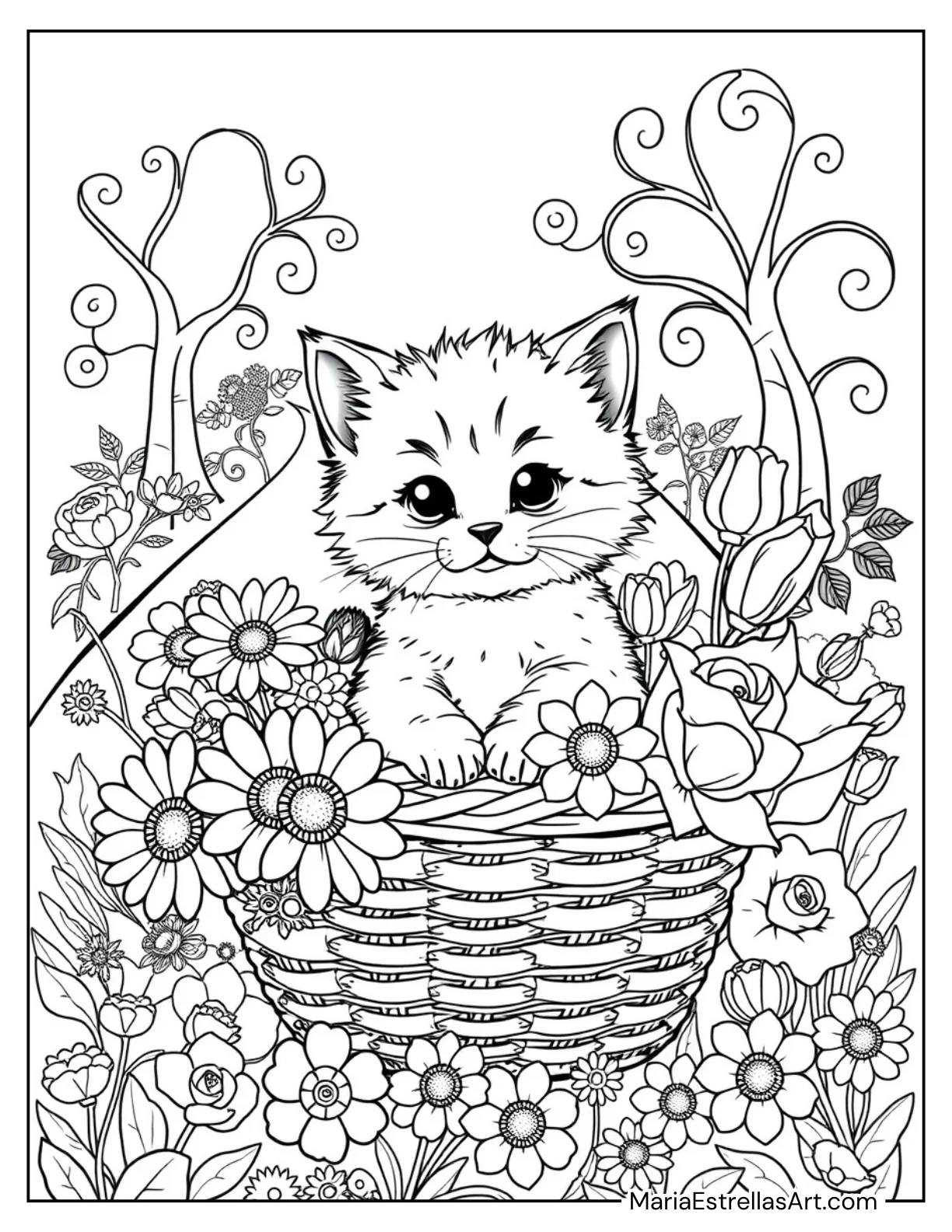 Kitten Sitting in a Basket of Flowers Coloring Sheet