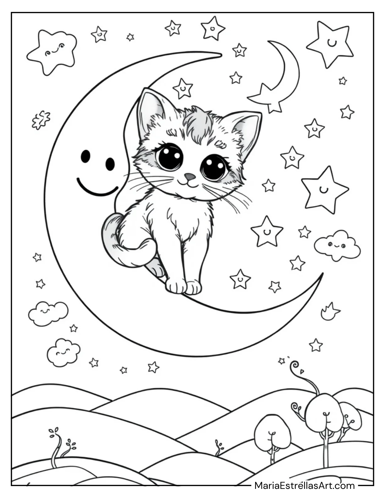 Kitten Sitting on a Crescent Moon for Kids to Color