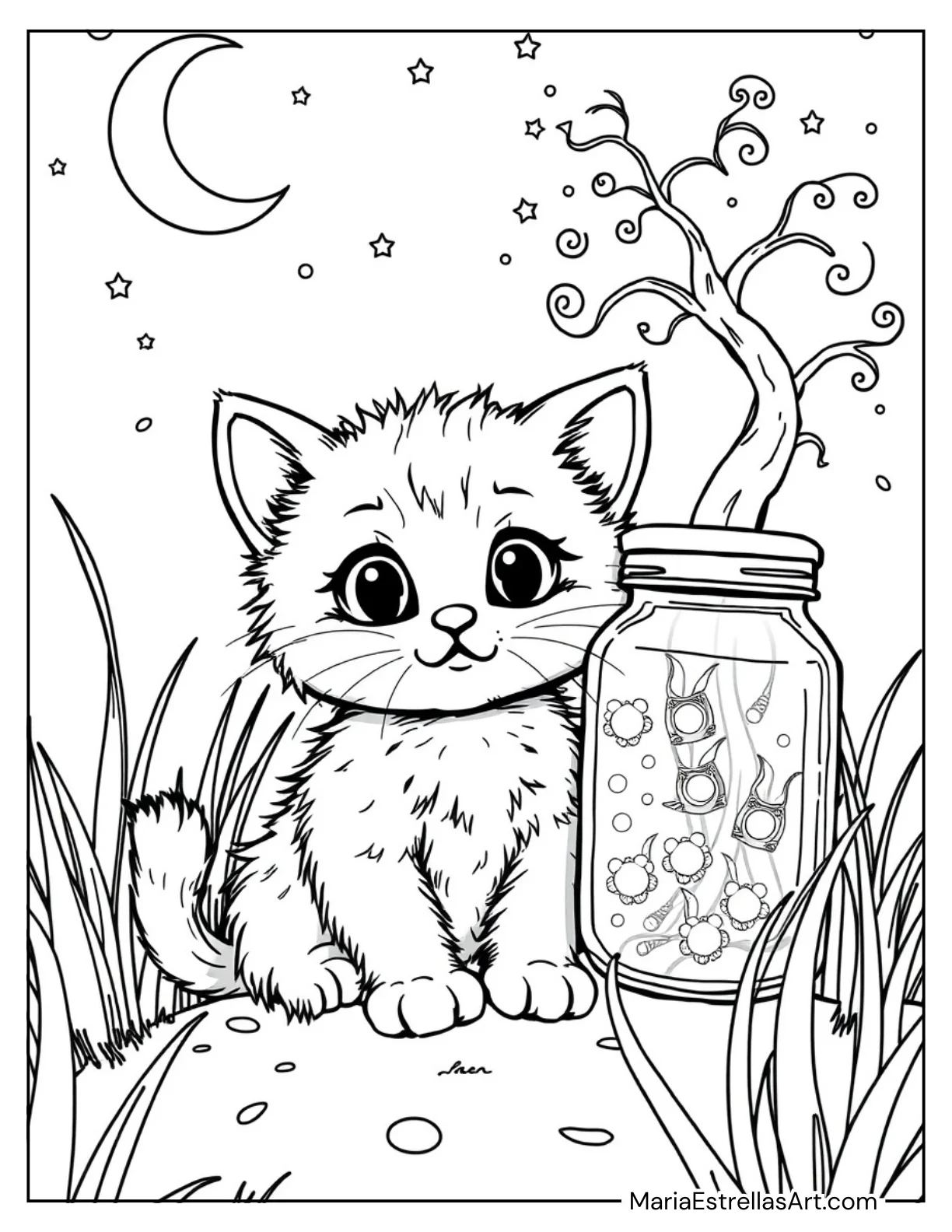 Kitten Watching Fireflies in a Jar