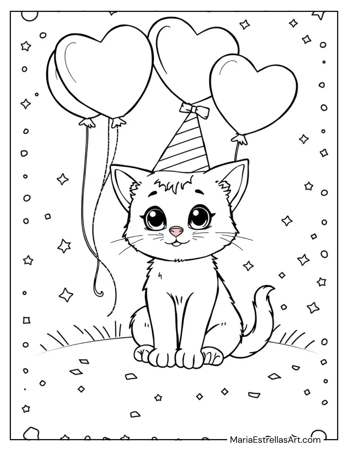 Kitten Wearing a Party Hat with Balloons for Kids to Color