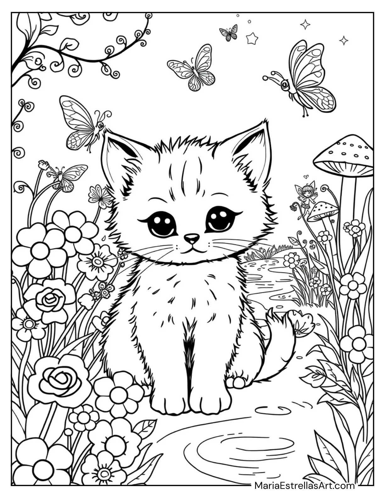 Kitten in a Magical Fairy Garden Coloring Page