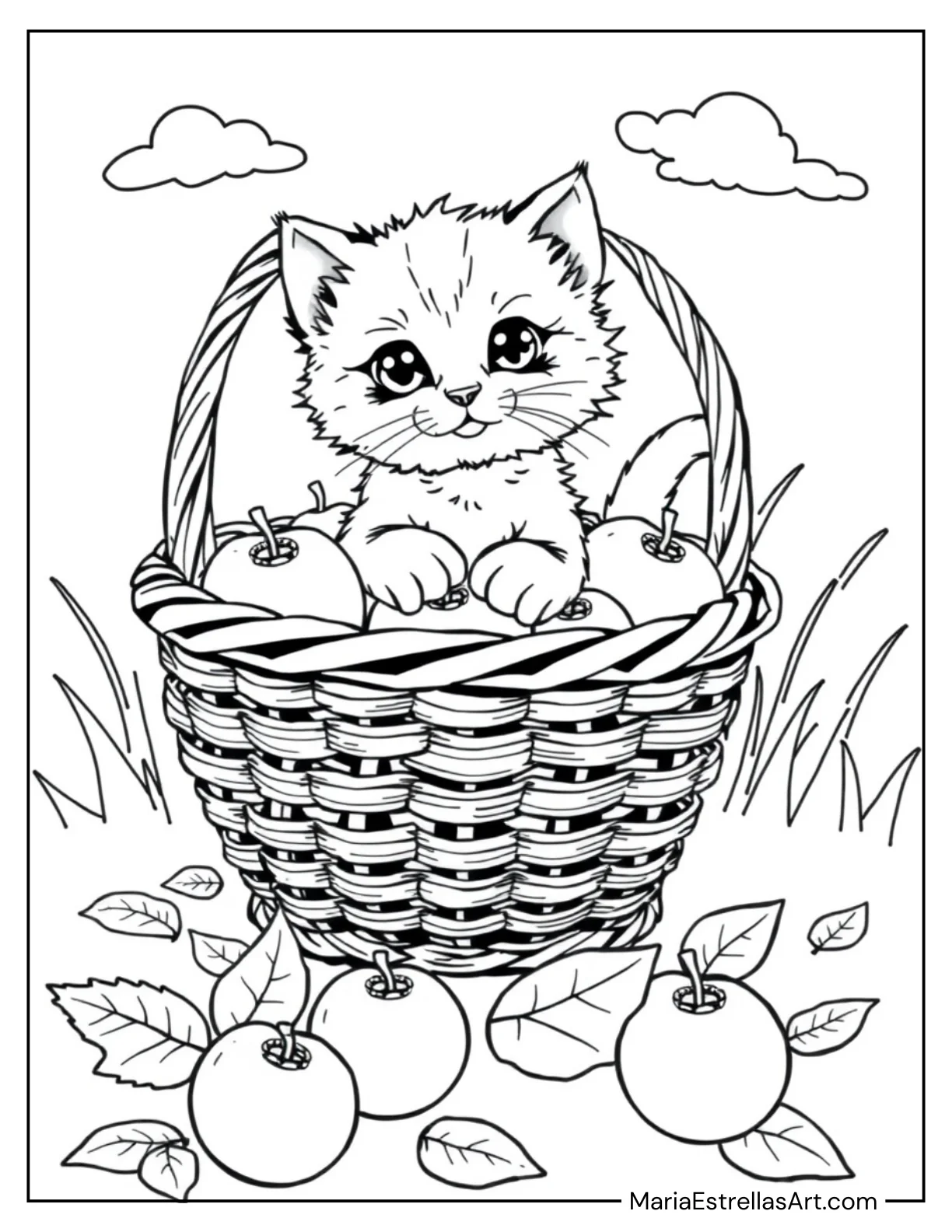 Kitten with a Basket of Apples