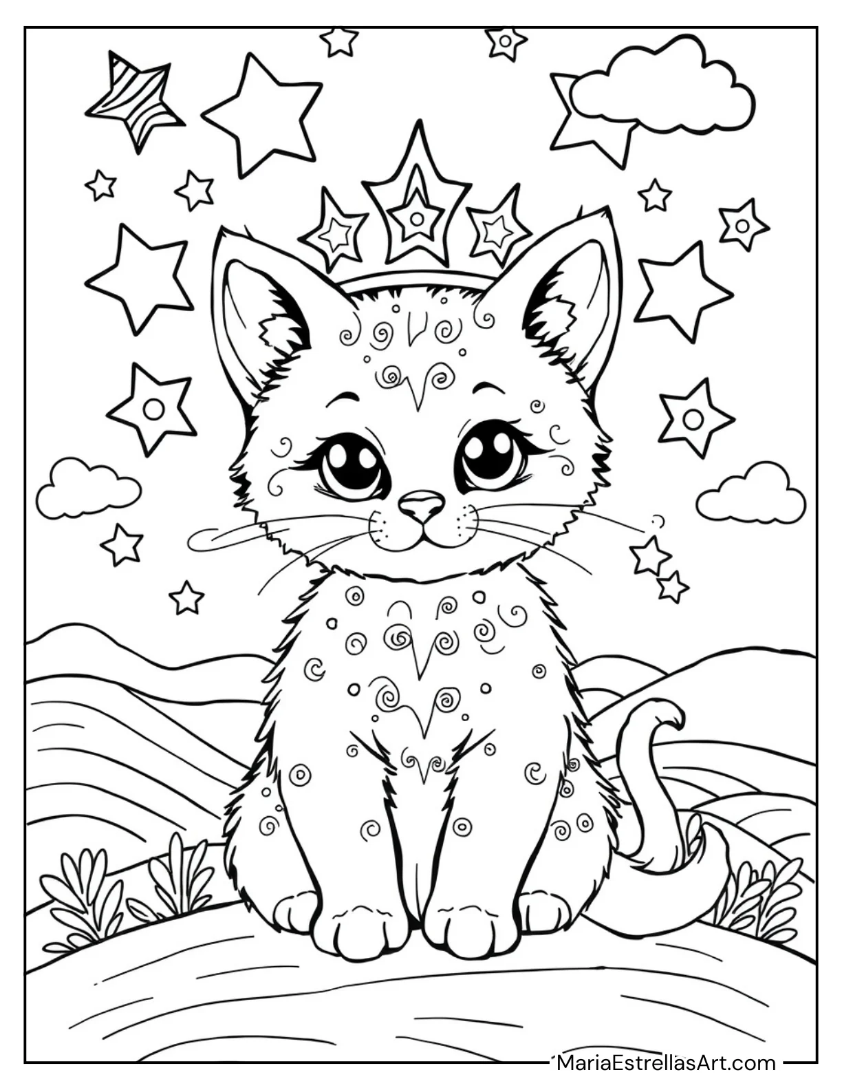 Kitten with a Crown of Stars Coloring Sheet