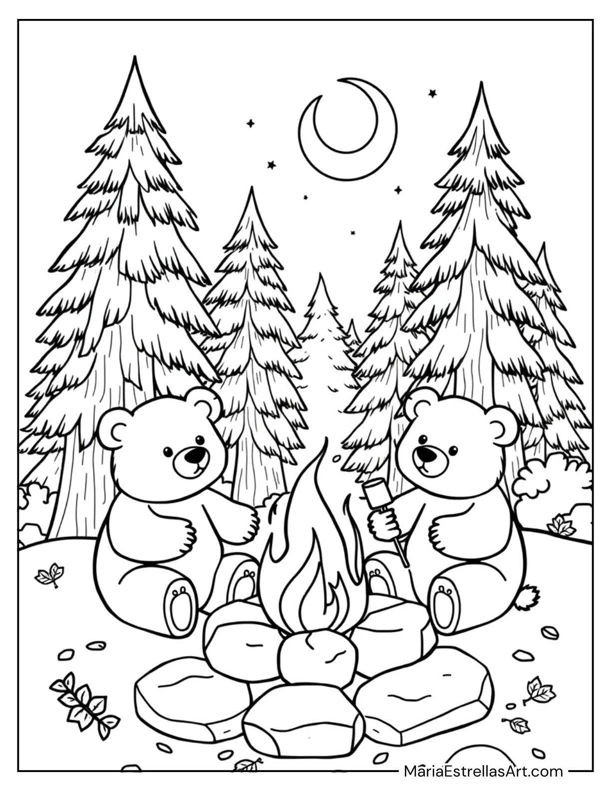 Little Bears Sitting Around a Campfire