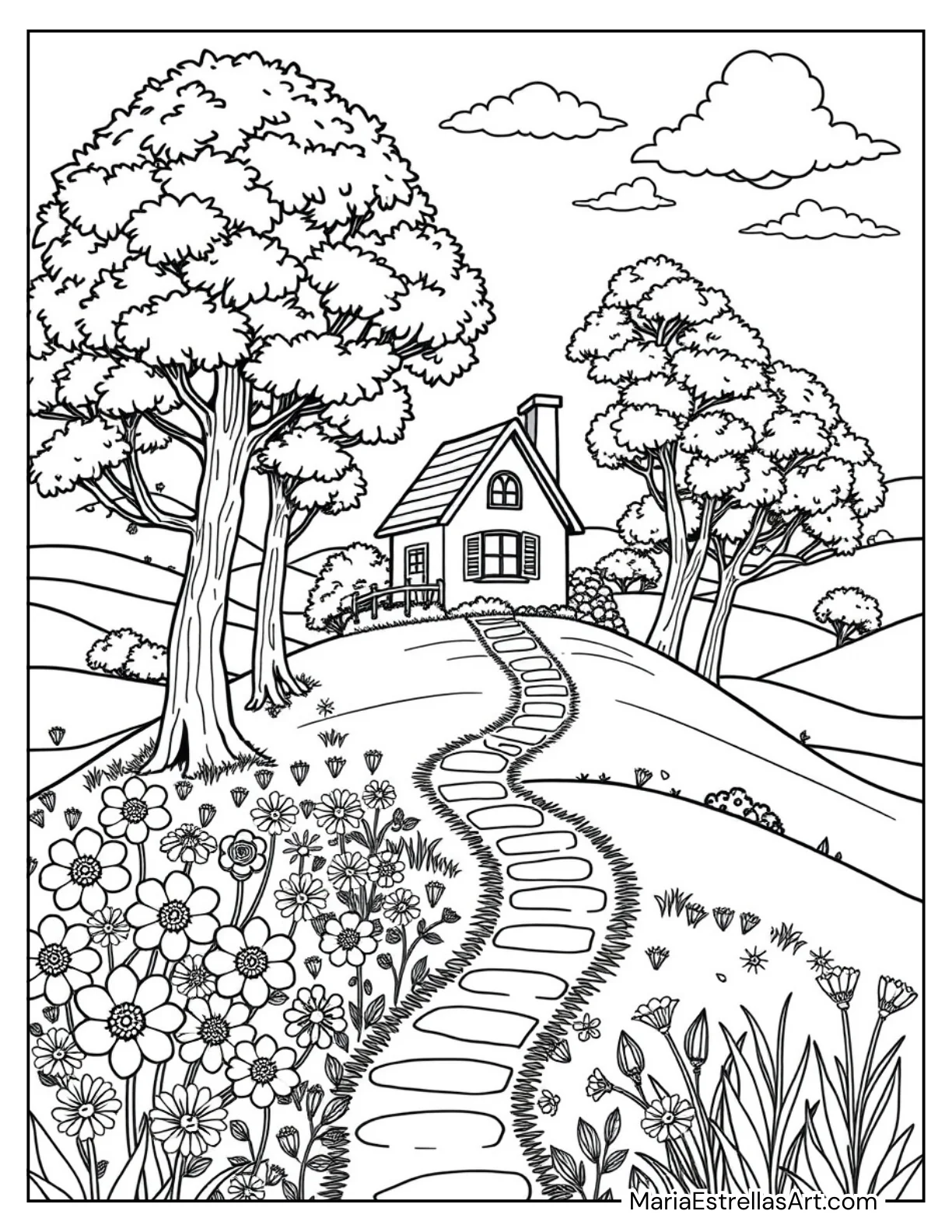 Little House on a Hill with Trees Coloring Sheet