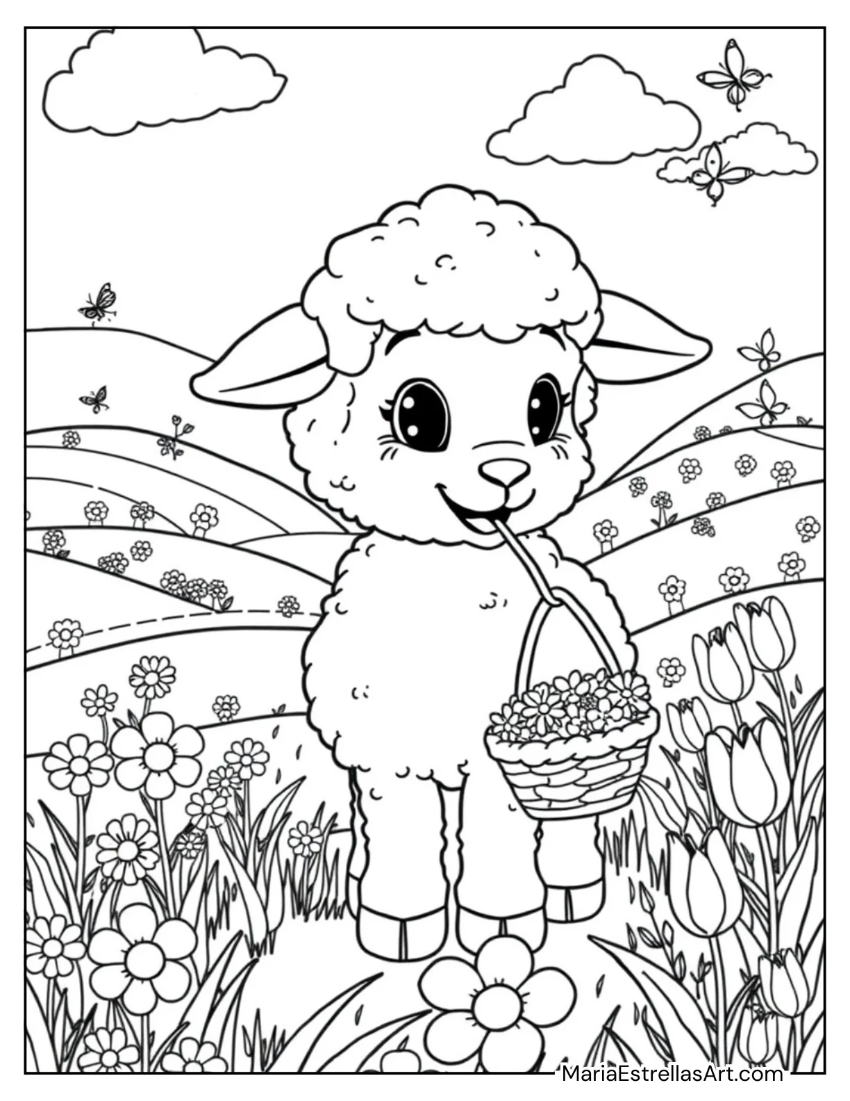 Little Lamb with a Basket of Flowers for Kids to Color