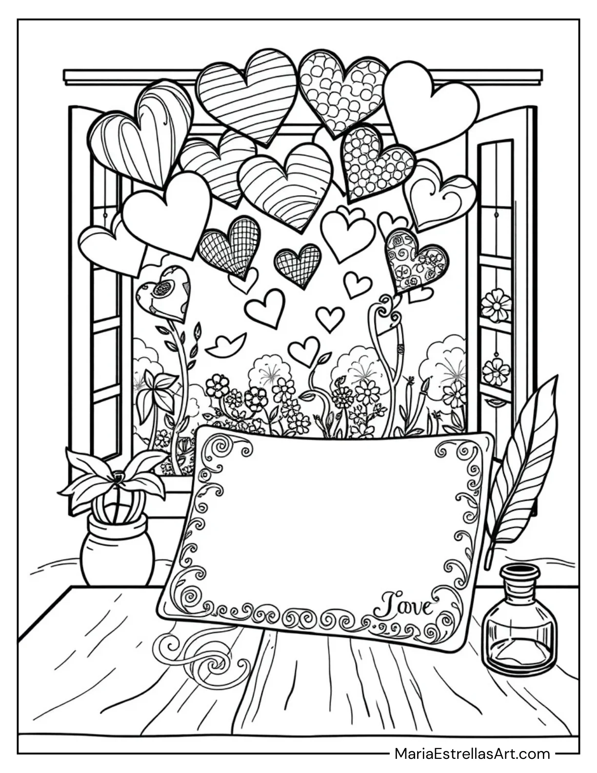 Love Letter With Floating Hearts Coloring Page