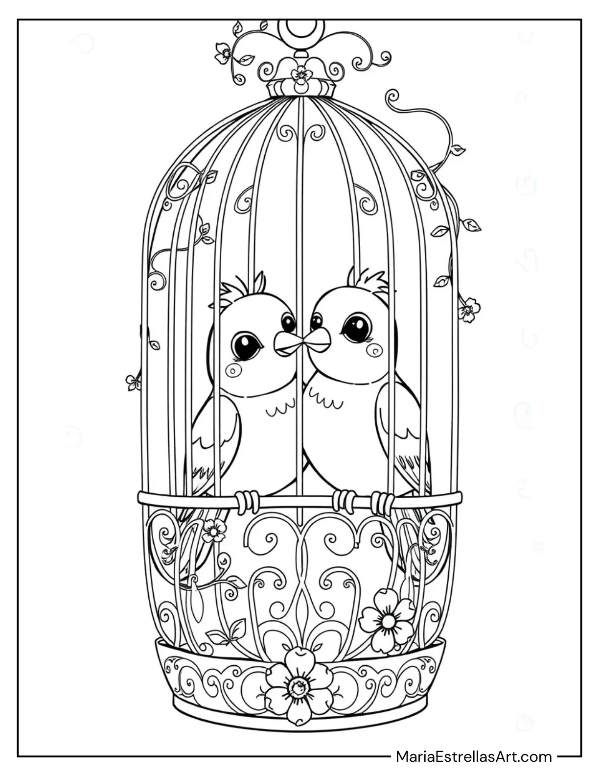 Lovebirds in a Birdcage to Color for Kids