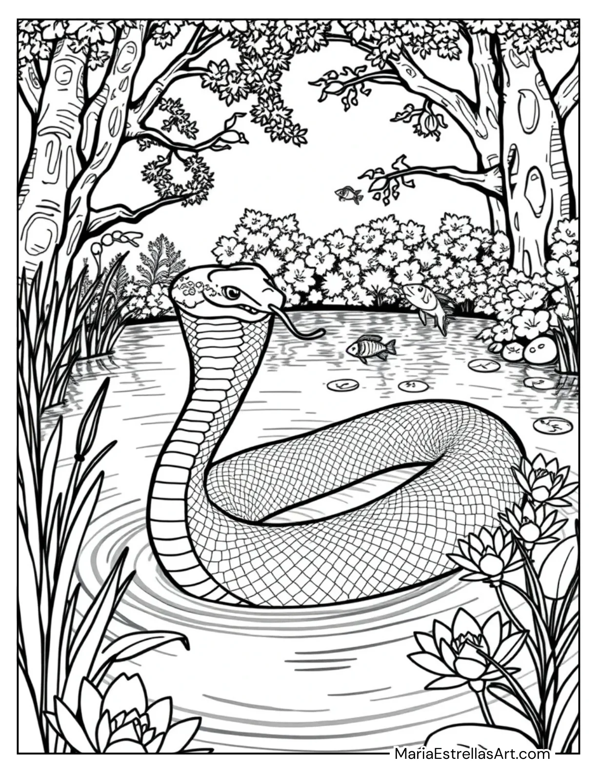 Majestic Snake Swimming in a Pond Coloring Page