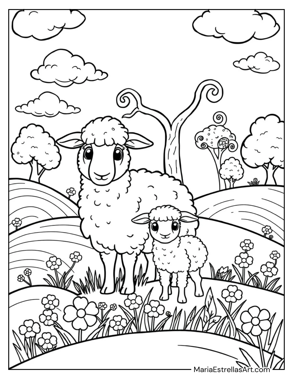 Mama Sheep with Her Baby Lamb Coloring Sheet