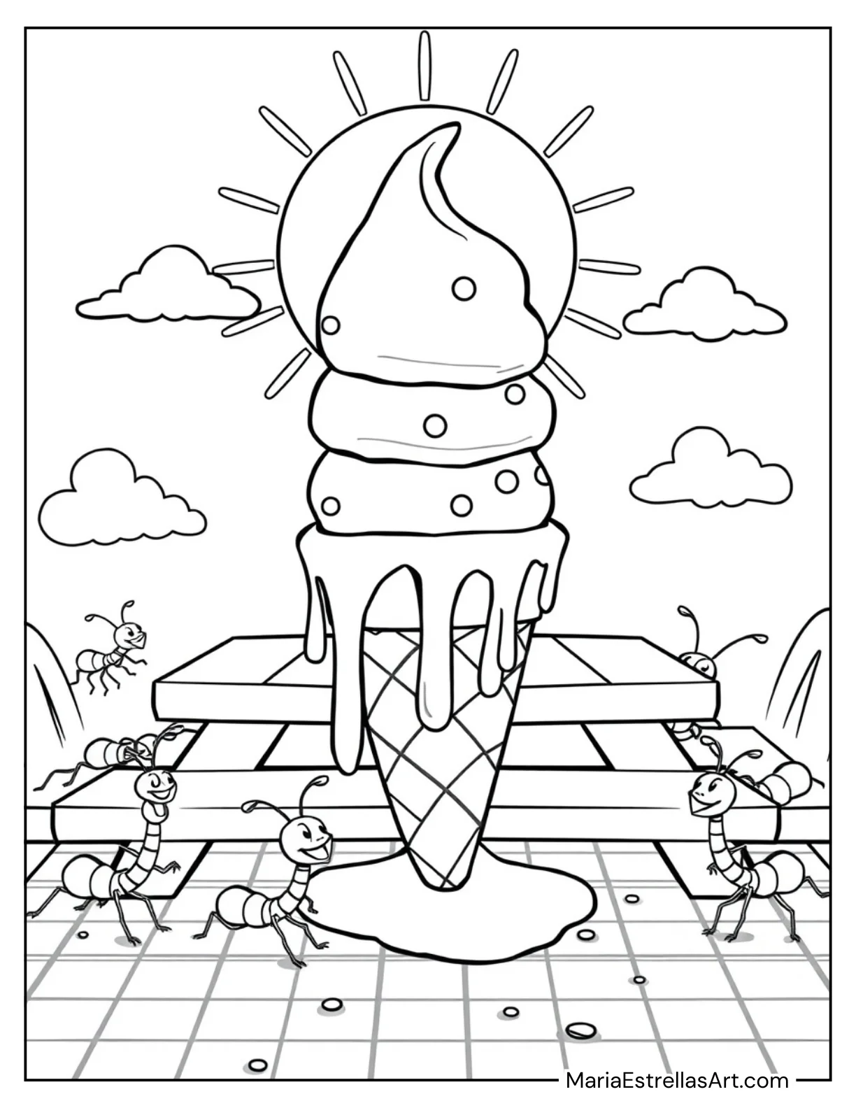 Melting Ice Cream Cone on a Hot Day Coloring Page